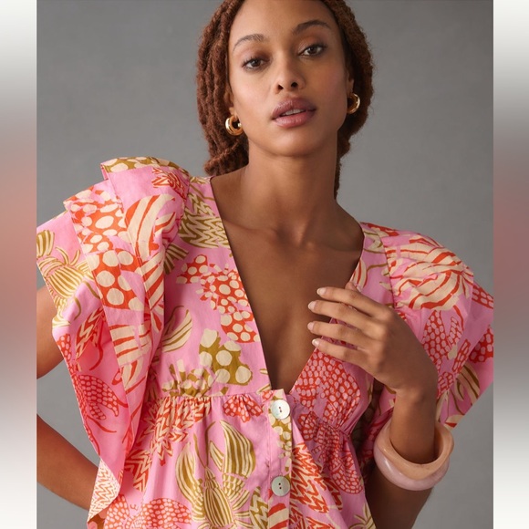 Anthropologie Farm Rio Mixed Lobsters Pink Ruffle Sleeve Mini Dress S - Picture 4 of 14